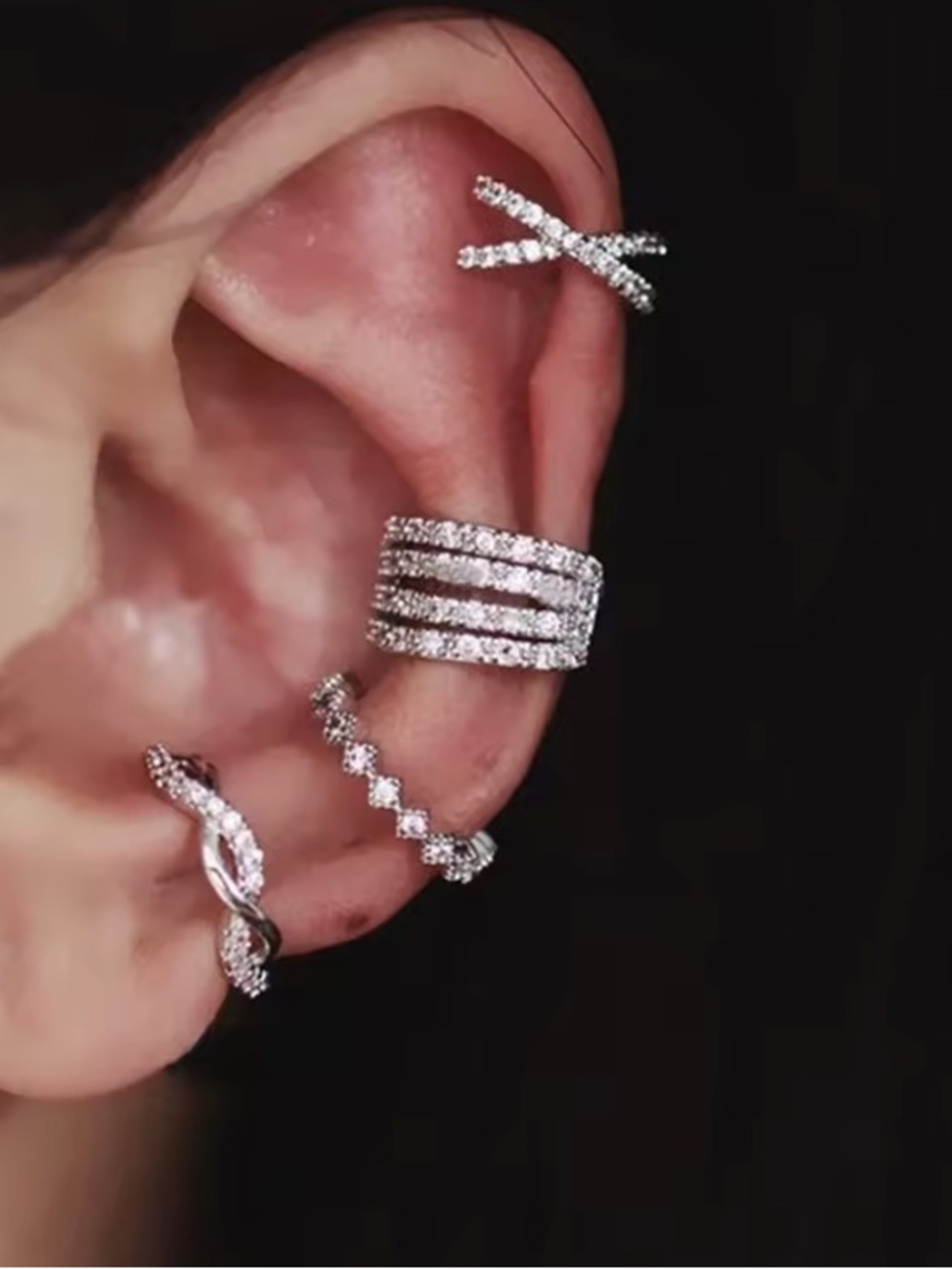 Silver Crystal Set of 4 Ear Cuffs NEW